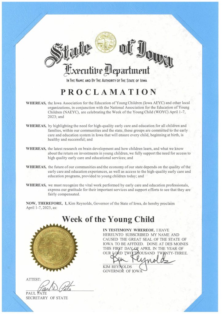 Week of the Young Child proclamation signed by Governor Reynolds